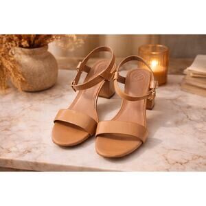 Tory Burch Laurel Heels Nude Leather Strappy Block Heel Ankle Strap 9.5M